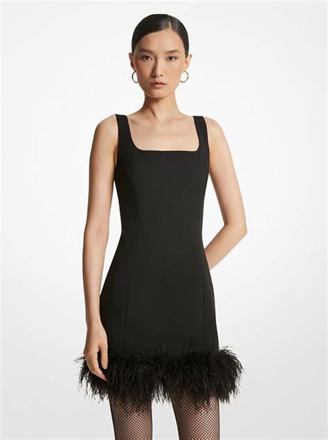 Feather Trim Stretch Crepe Shift Dress 